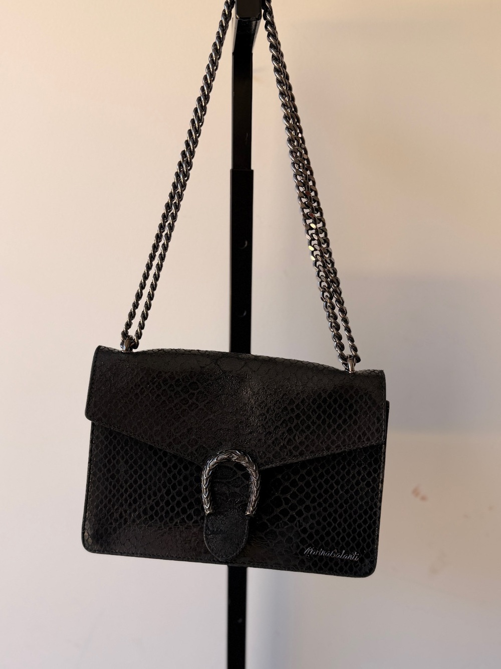 Marina Galanti Black Croc-Embossed Leather Chain Shoulder Crossbody Bag